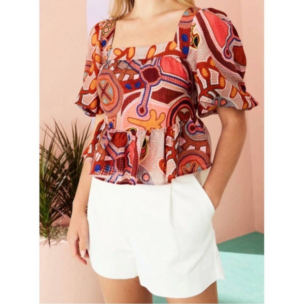 Marie Oliver Kaylee Top Coral Stipple Geometric Lined Blouse Peplum Short Sleeve